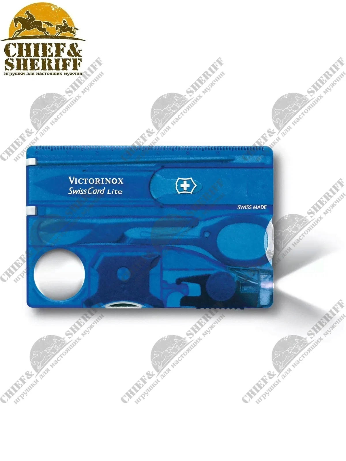 Карта швейцарская Victorinox SwissCard Lite 13 функций с фонариком, прозрачный синий 0.7322.T2, купить в интернет-магазине с доставкой по Москве и России-0