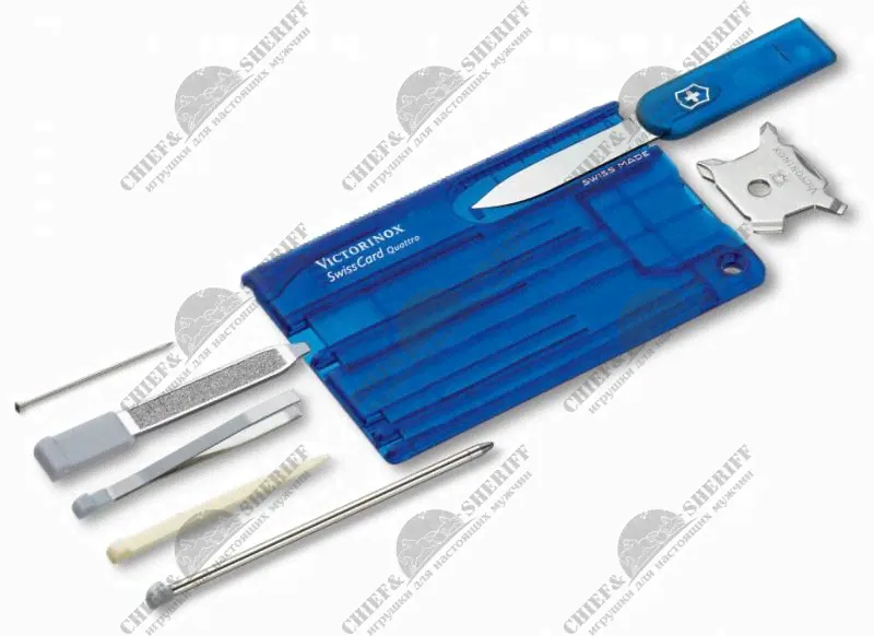 Карта швейцарская Victorinox SwissCard Quattro, 13 функций, полупрозрачная синяя 0.7222.T2, купить в интернет-магазине с доставкой по Москве и России-0