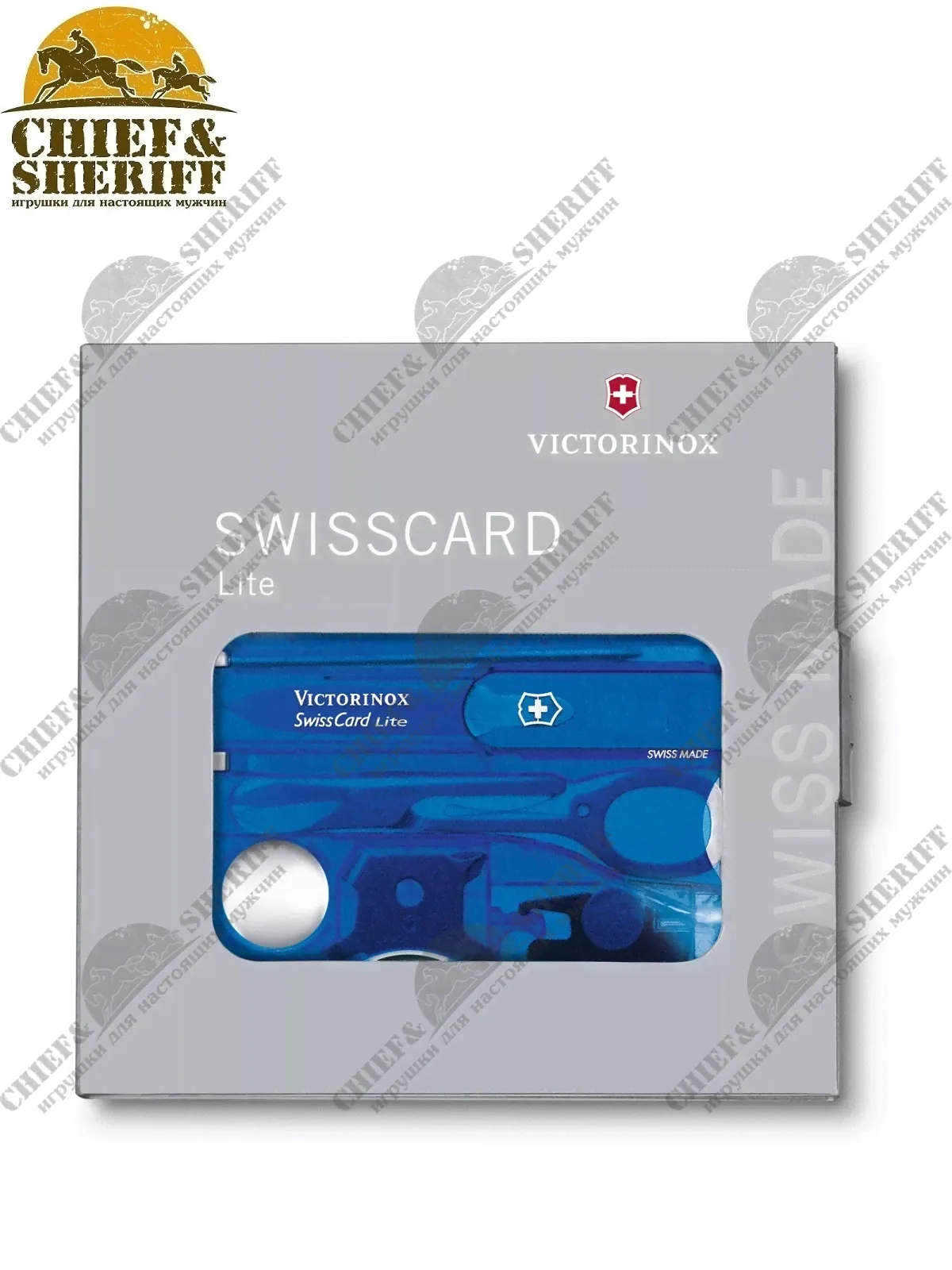 Карта швейцарская Victorinox SwissCard Lite 13 функций с фонариком, прозрачный синий 0.7322.T2, купить в интернет-магазине с доставкой по Москве и России-1