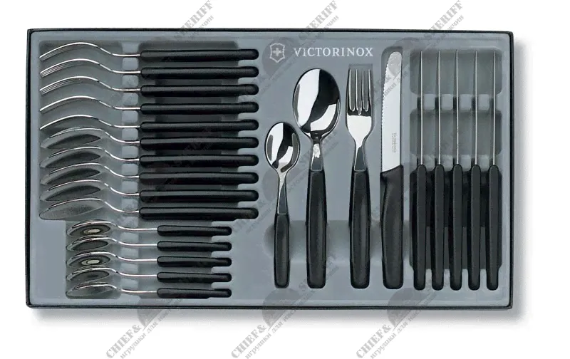 Набор из 24 столовых приборов Victorinox: 6 ножей 5.1333, 6 вилок 5.1543, 6 столовых ложек 5.1553, 6 ложек чайных 5.1573, 5.1333.24, купить в интернет-магазине с доставкой по Москве и России